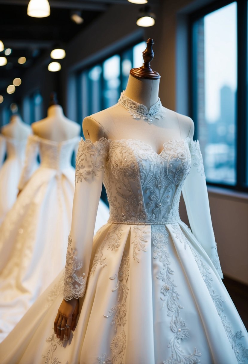 A regal off-shoulder Korean wedding dress with long sleeves, adorned with intricate lace and elegant embroidery, flowing gracefully on a mannequin