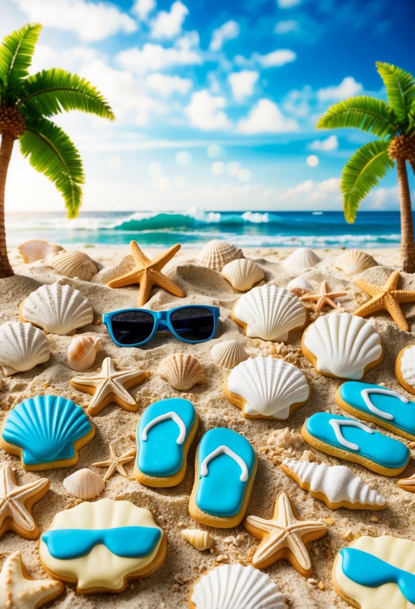 A sandy beach with ocean waves, seashells, starfish, and palm trees, surrounded by beach-themed cookies in the shape of seashells, flip-flops, and sunglasses