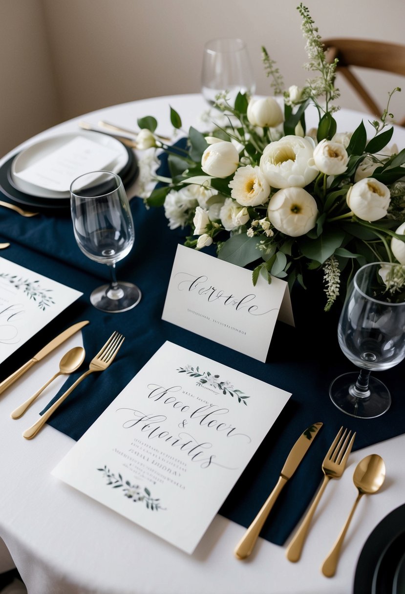 A table set with elegant black and white wedding invitations, adorned with delicate calligraphy and surrounded by minimalist floral arrangements