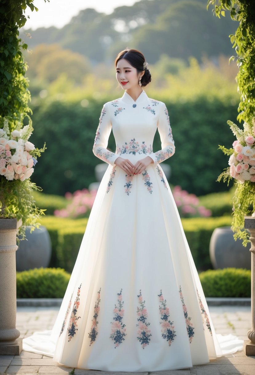 A long sleeve Korean wedding dress adorned with intricate floral appliqués, set against a serene garden backdrop