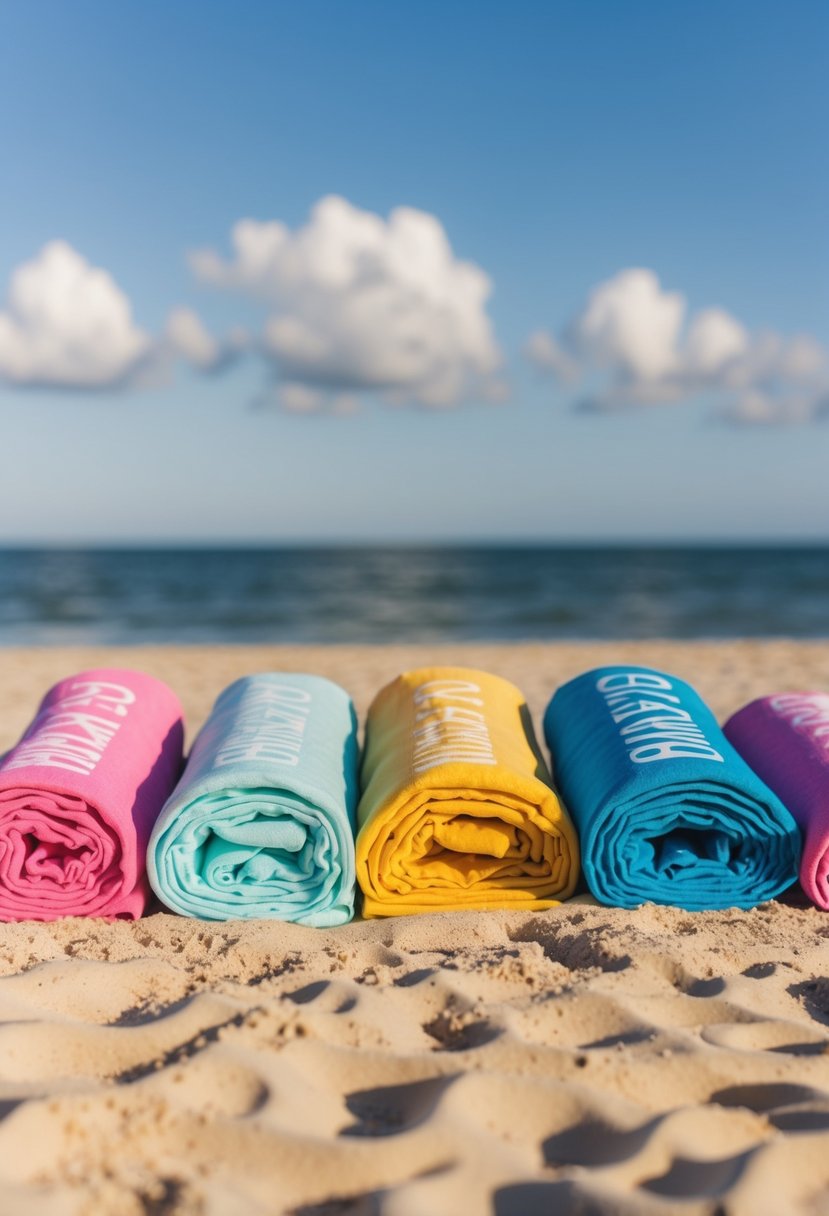 A sandy beach with colorful personalized beach towels laid out in the sun, with a beautiful ocean backdrop for a beach wedding