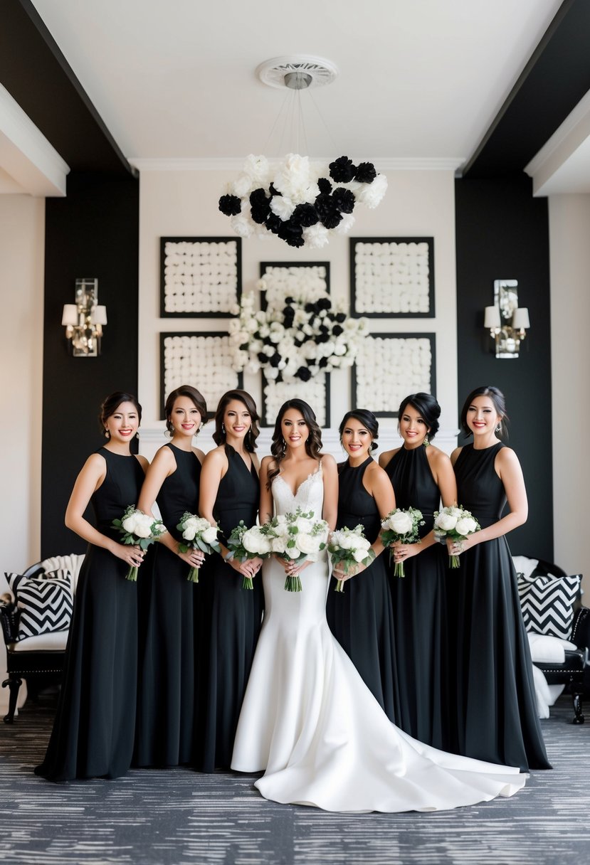 A group of chic black bridesmaid dresses arranged in a stylish and elegant setting, with black and white wedding decor accents