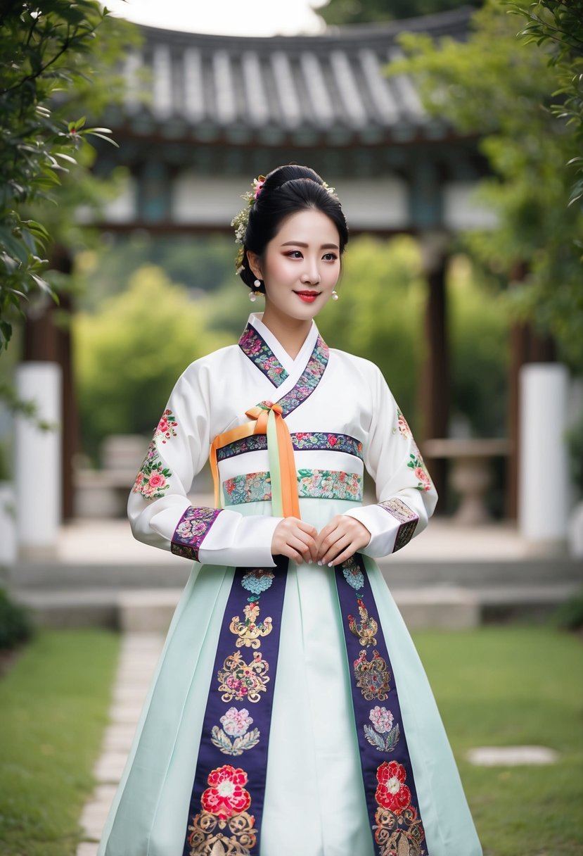 A bride in a long-sleeve traditional Korean Hanbok wedding dress, adorned with intricate embroidery and vibrant colors, standing in a serene garden setting