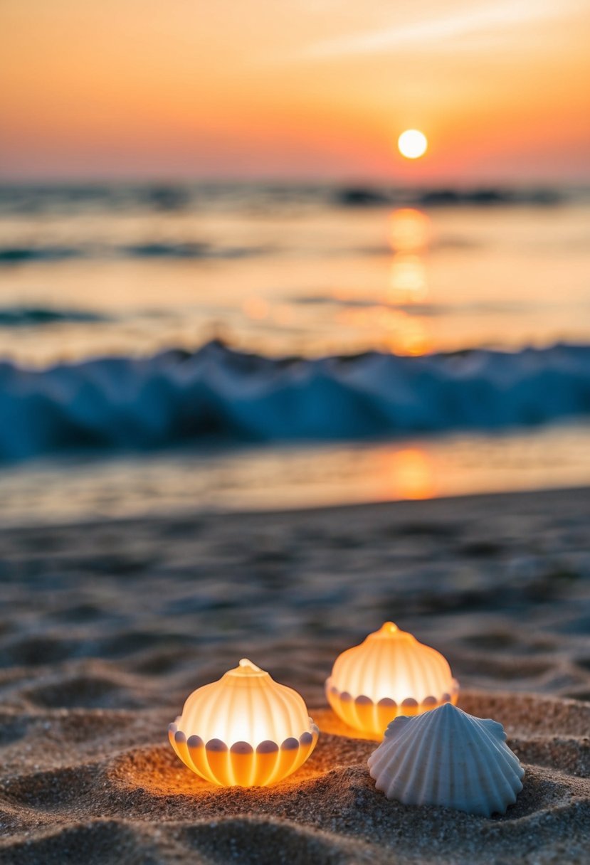 A sandy beach at sunset, with seashell tea light holders glowing beside the ocean waves