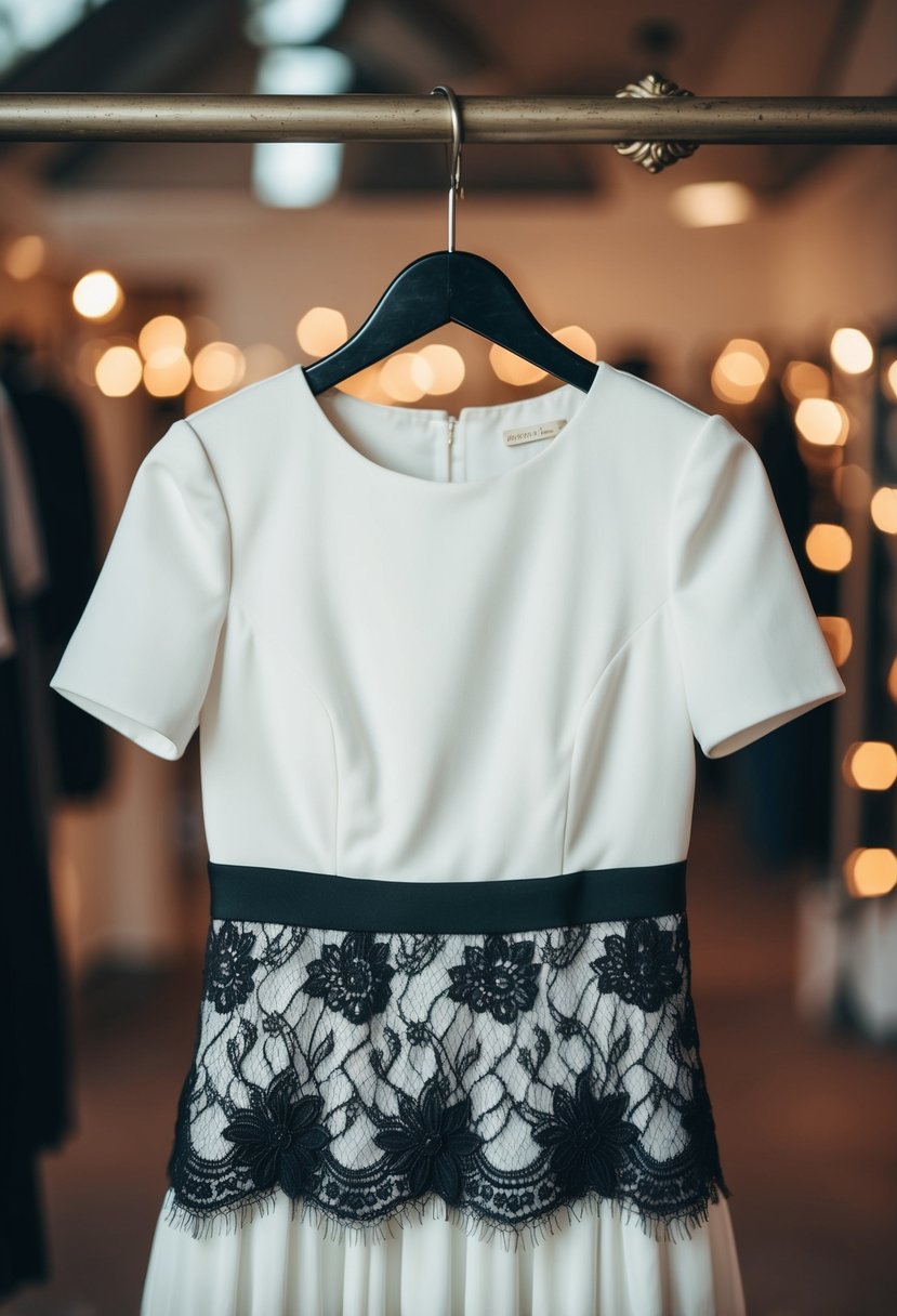 A white dress with black lace accents hanging on a vintage coat rack