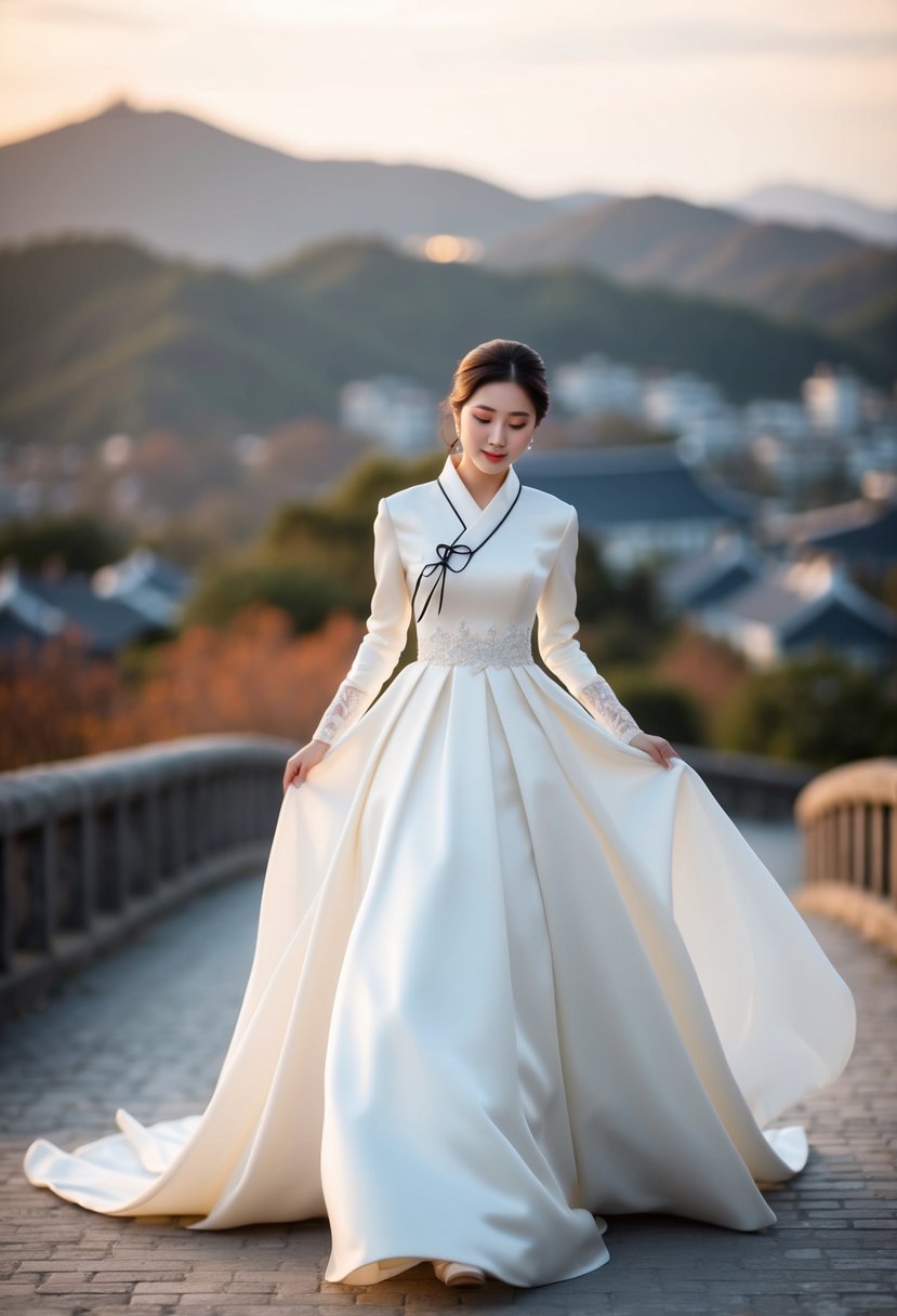 A flowing, elegant Korean wedding dress with a luxurious satin finish, featuring long sleeves and intricate detailing