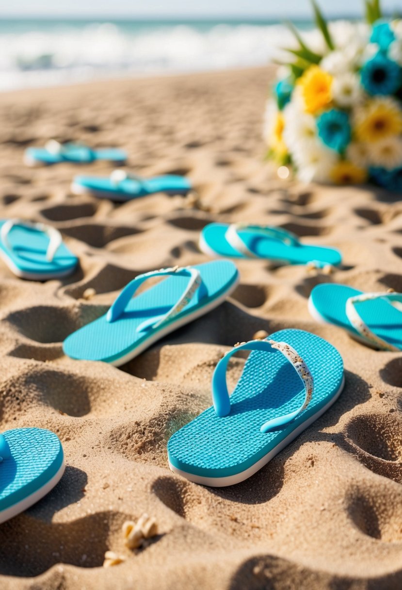 A sandy beach with flip-flop coasters scattered around a beach wedding setup