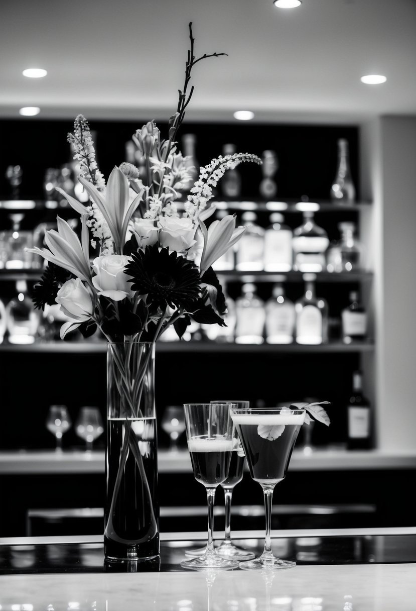 A sleek black-and-white cocktail bar with monochrome floral arrangements and elegant glassware