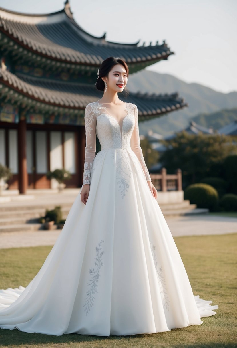 A bride stands in a flowing A-line wedding dress with long sleeves, adorned with delicate Korean-inspired embroidery and intricate details