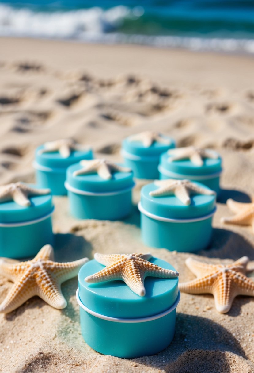 A sandy beach with starfish and sea urchin-shaped soap favor boxes arranged on a table, with ocean waves in the background