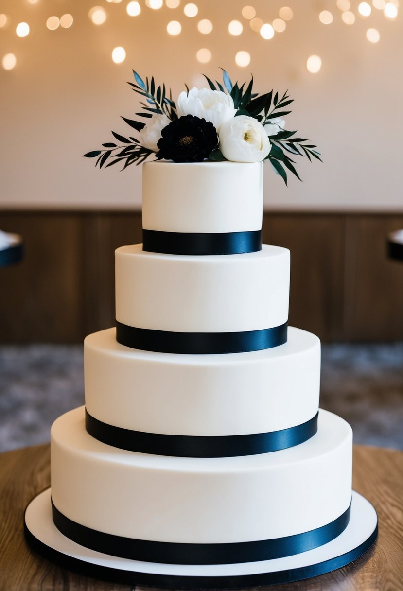 A three-tiered cake with alternating black and white layers, topped with simple black and white floral decorations