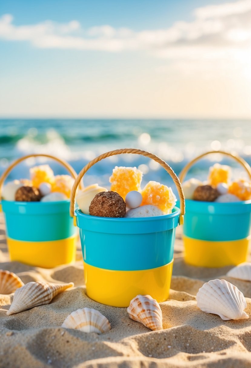 Mini beach buckets filled with treats arranged on sandy beach. Sunshine, seashells, and ocean waves in background