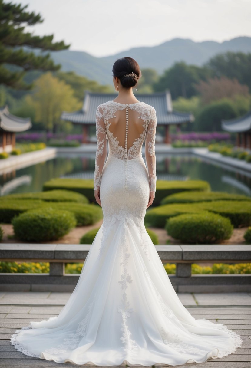 A mermaid-cut wedding dress with intricate lace details, flowing train, and delicate long sleeves, set against a backdrop of a serene Korean garden