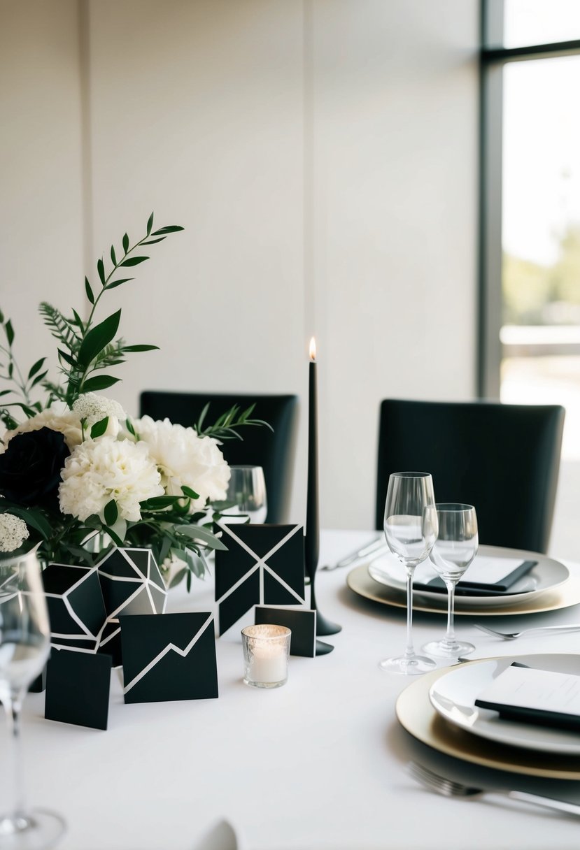 A sleek, minimalist wedding table adorned with black and white geometric decor elements