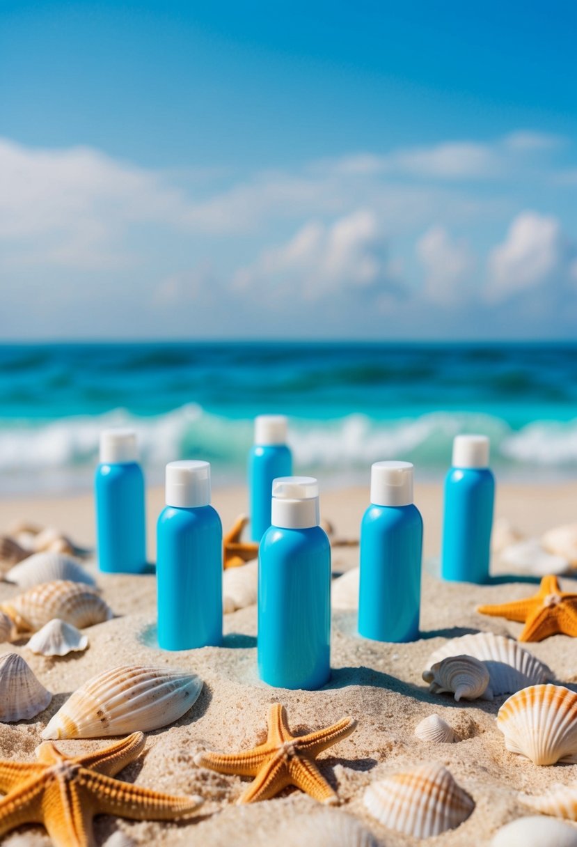 Mini sunscreen bottles arranged on sandy beach with seashells and starfish, surrounded by blue ocean waves and a clear sky