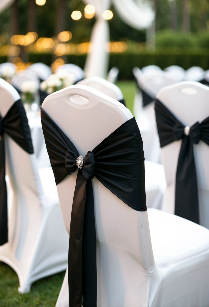 Black sashes tied neatly around white chair covers at a wedding reception