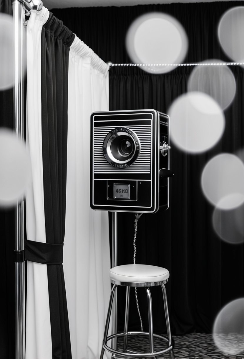 A vintage black and white photo booth at a wedding, with a curtain backdrop and a stool for posing