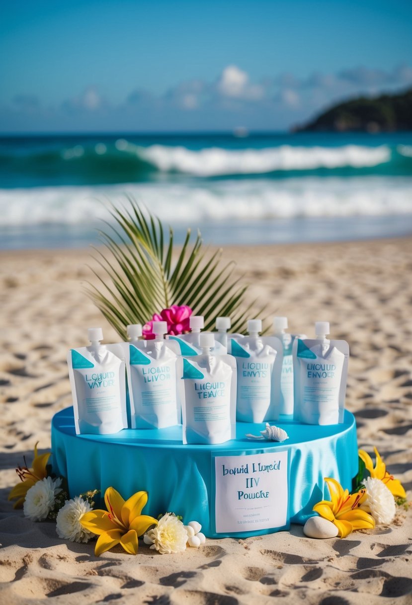 A sandy beach setting with a wedding favor table displaying Liquid IV Pouches, surrounded by tropical flowers and ocean waves in the background