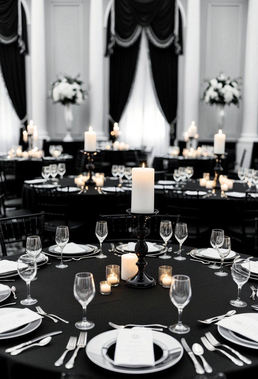 A grand ballroom with black and white decor, featuring elegant candles as centerpieces on each table