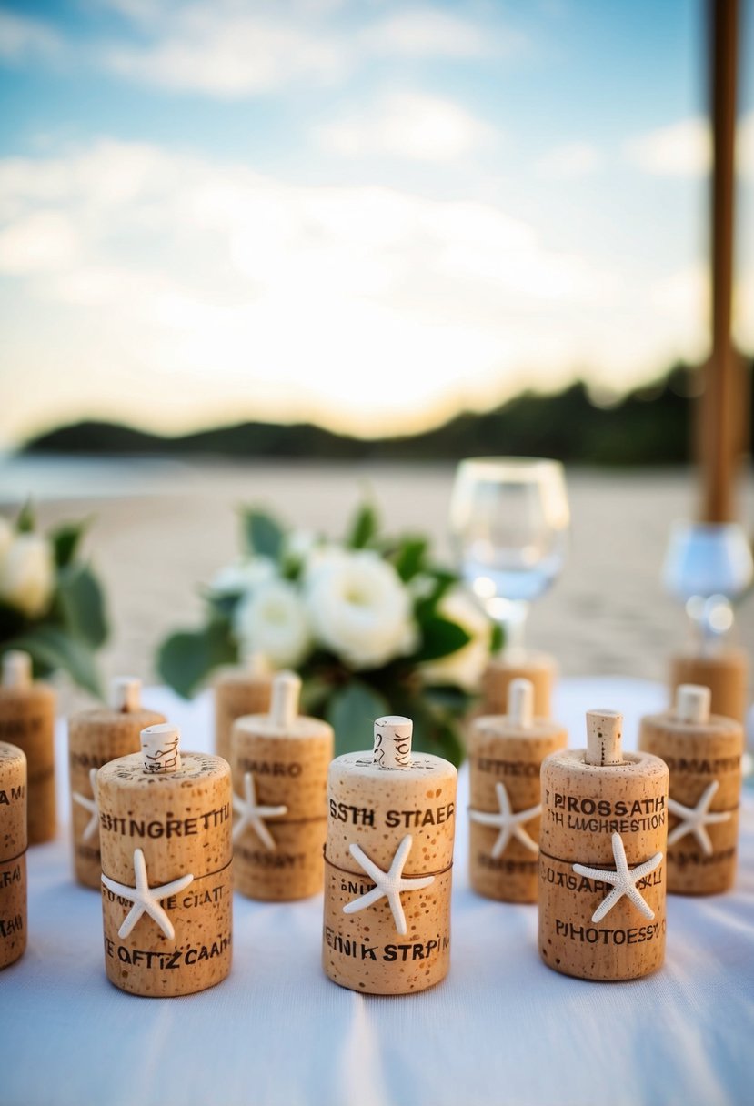 A beach wedding scene with starfish wine corks displayed as wedding favors