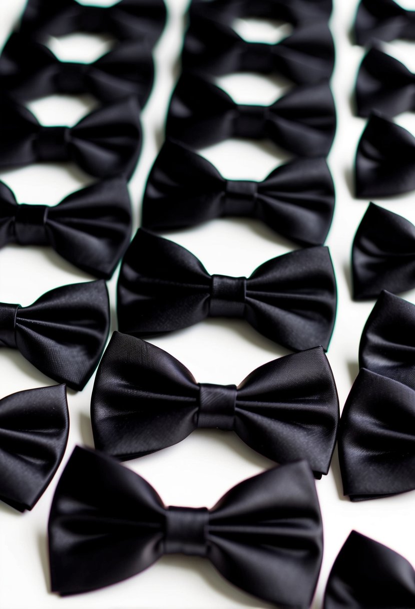 A group of black bow ties arranged neatly on a white background, ready for groomsmen to wear at a black and white wedding