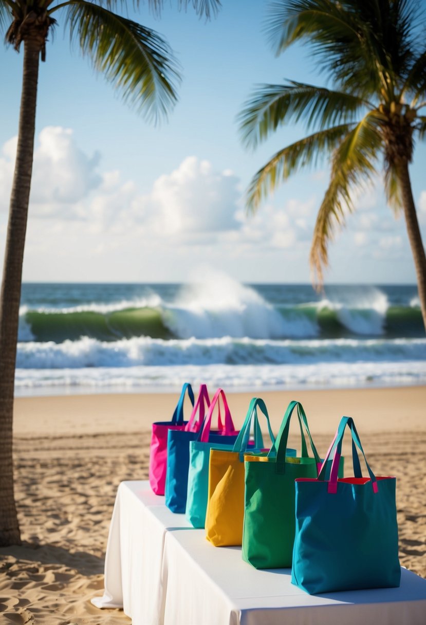 A sandy beach with palm trees, waves crashing in the background, and a colorful assortment of tropical tote bags lined up on a table