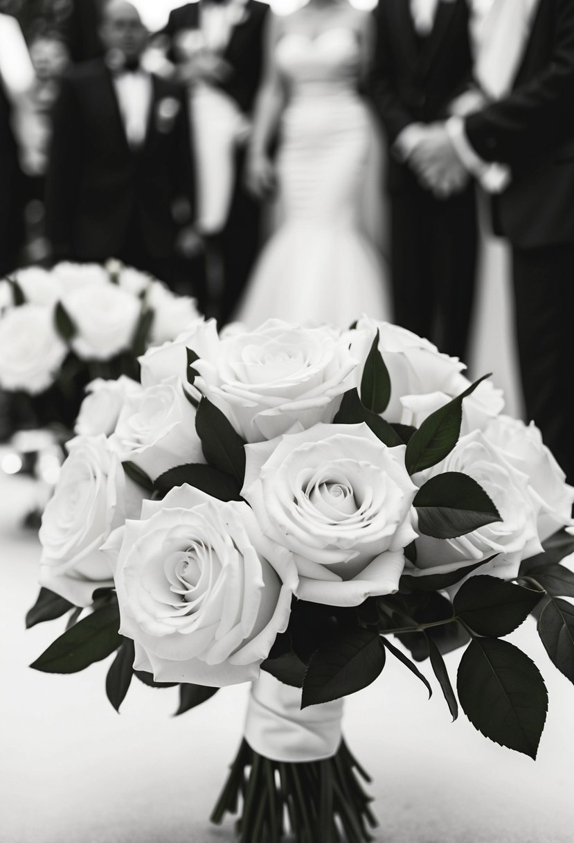 A black and white wedding scene with elegant white rose bouquets as the focal point