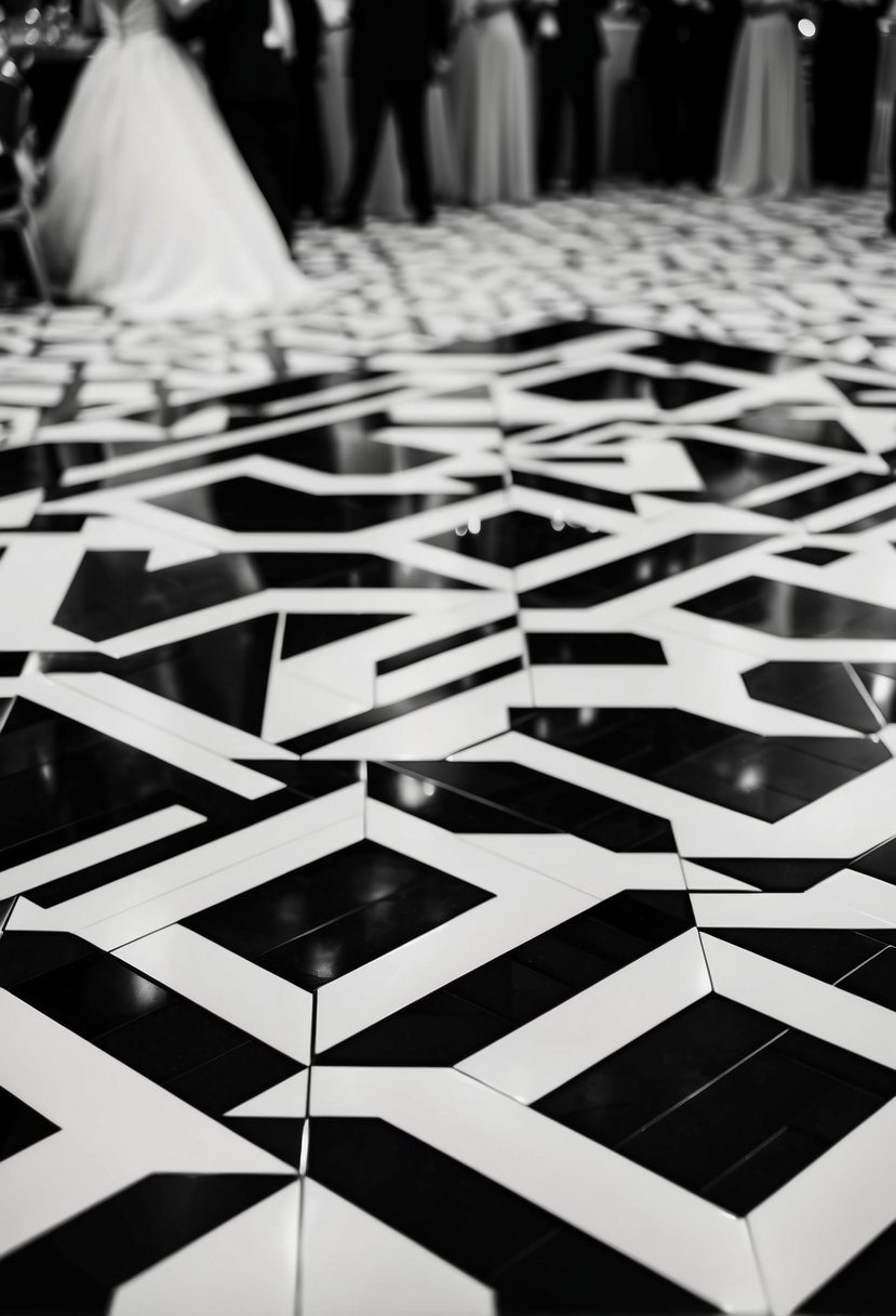 A custom black and white dance floor at a wedding, with intricate geometric patterns and elegant monochrome design