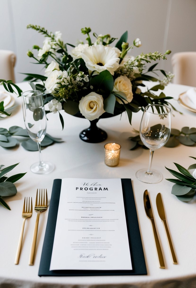 A black and white wedding program laid out on a decorated table with elegant floral arrangements and minimalistic decor