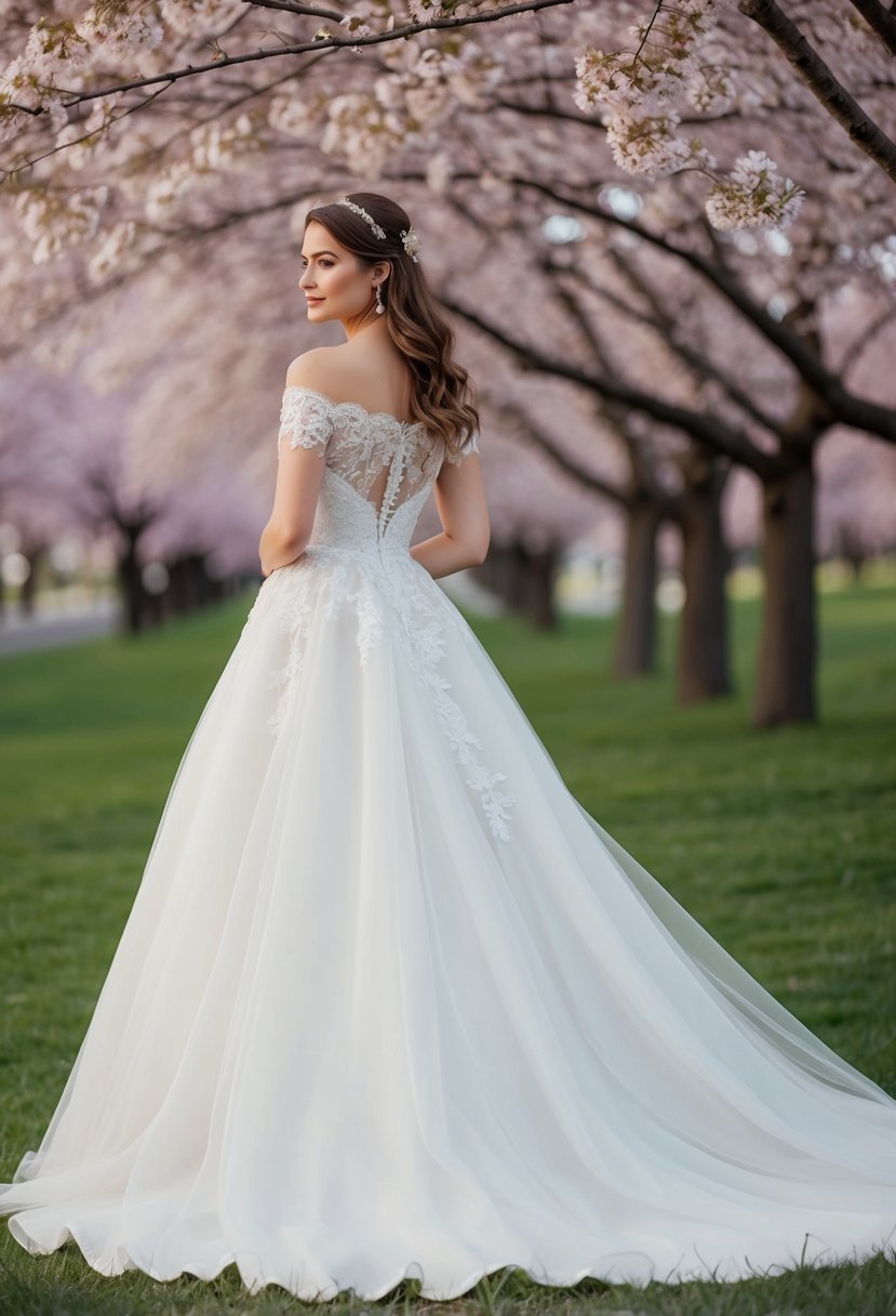 An off-the-shoulder charm wedding dress with delicate lace and flowing skirt, set against a backdrop of cherry blossom trees