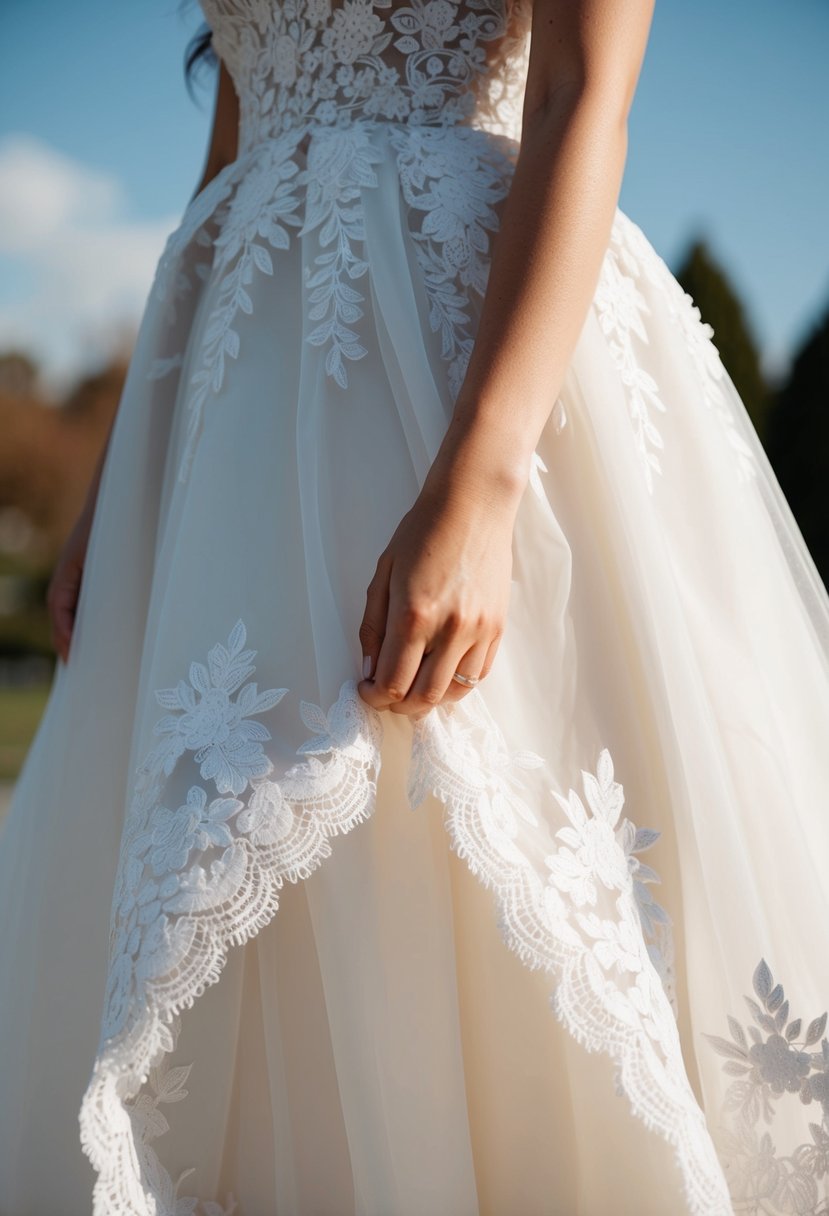 A close-up of intricate lace detail on a flowing Korean wedding dress