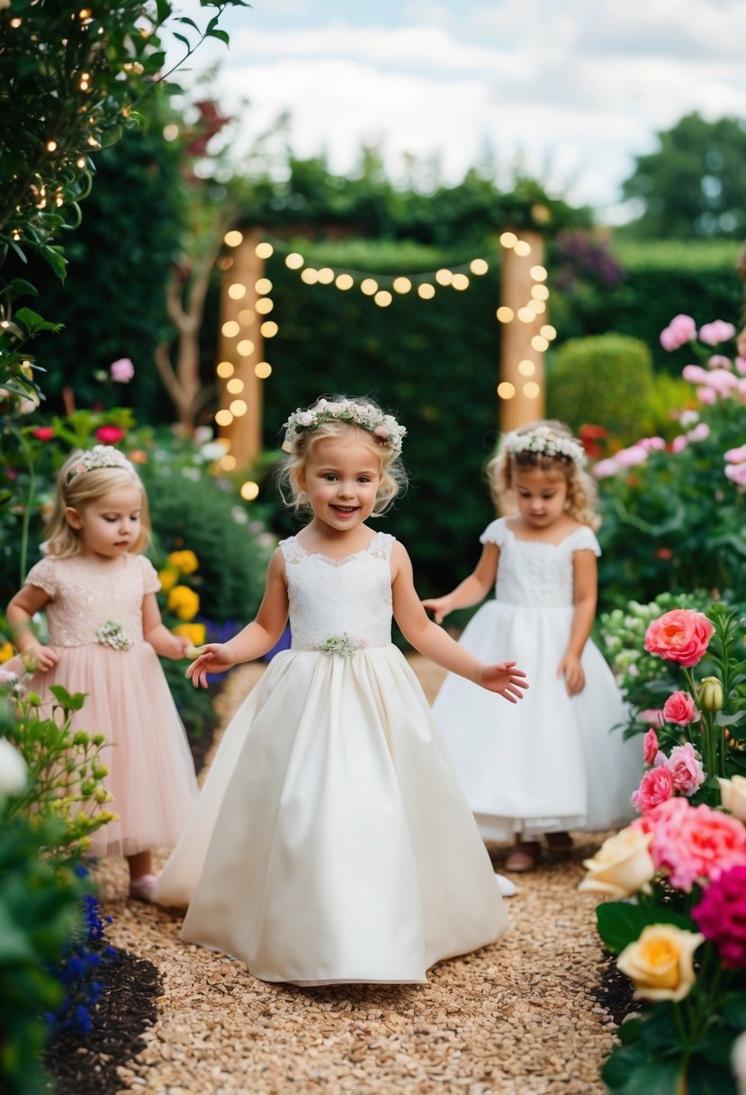 A whimsical garden setting with children playing dress-up in miniature wedding gowns, surrounded by flowers and fairy lights