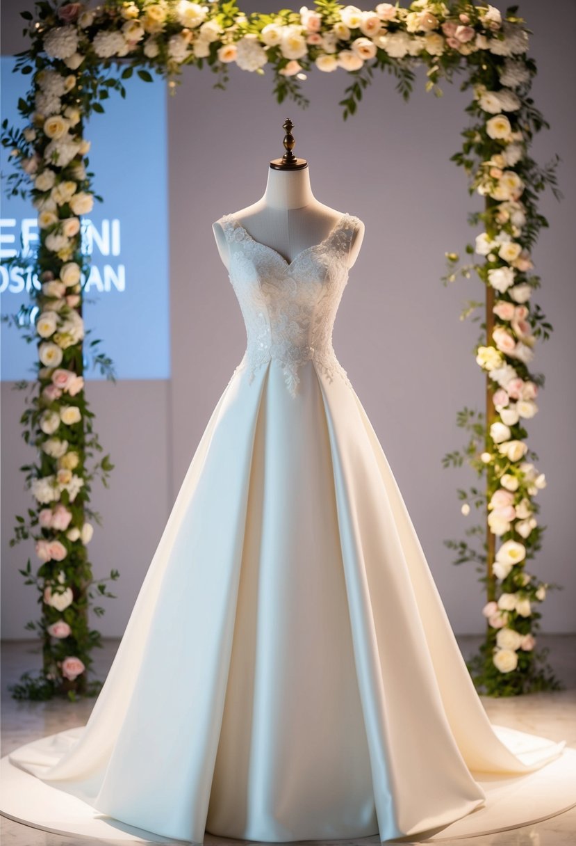 An elegant, modern A-line silhouette Korean wedding dress displayed on a mannequin, surrounded by soft lighting and delicate floral accents