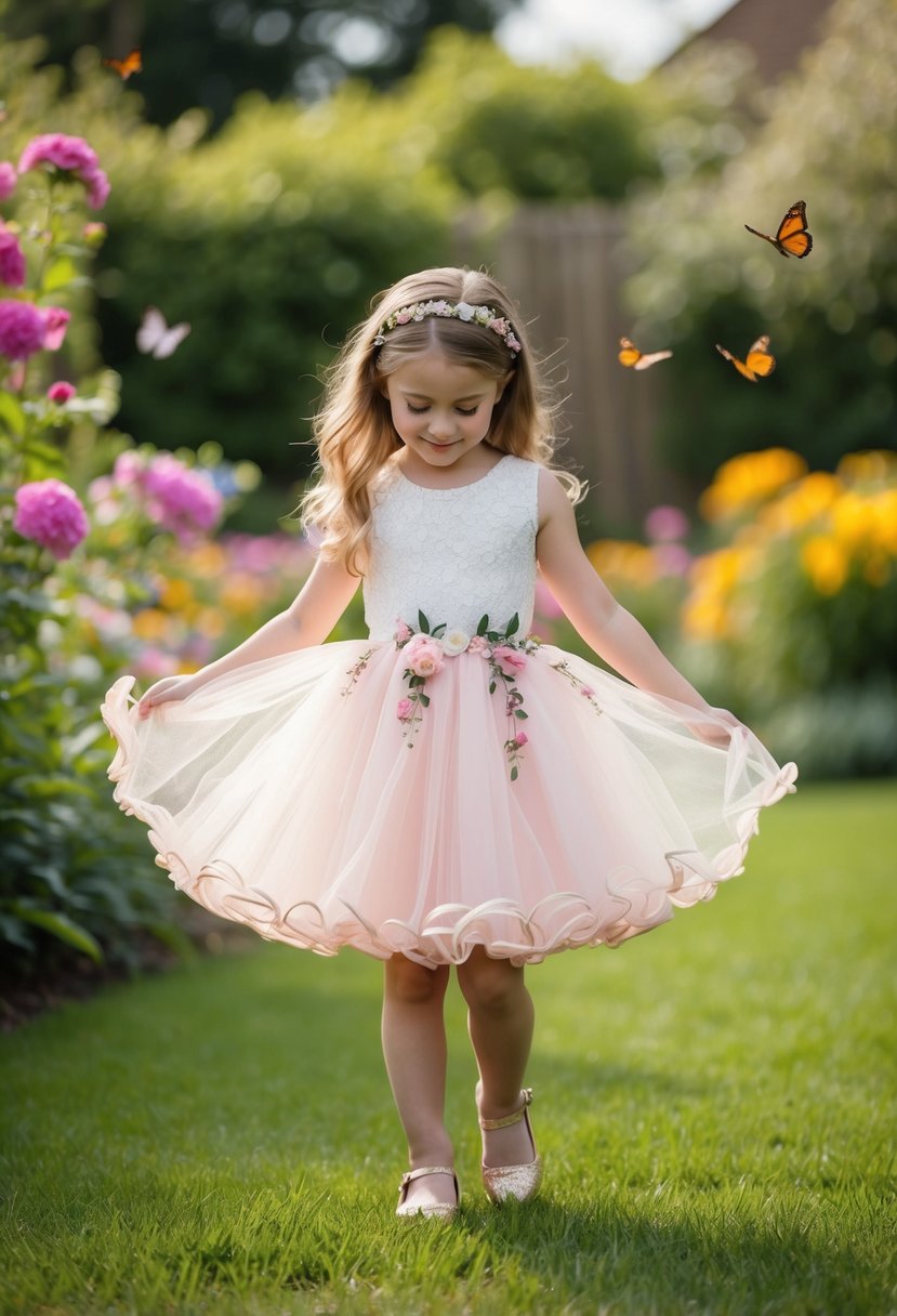 A young girl in a floral lace dress with a tulle skirt twirls in a garden, surrounded by blooming flowers and butterflies