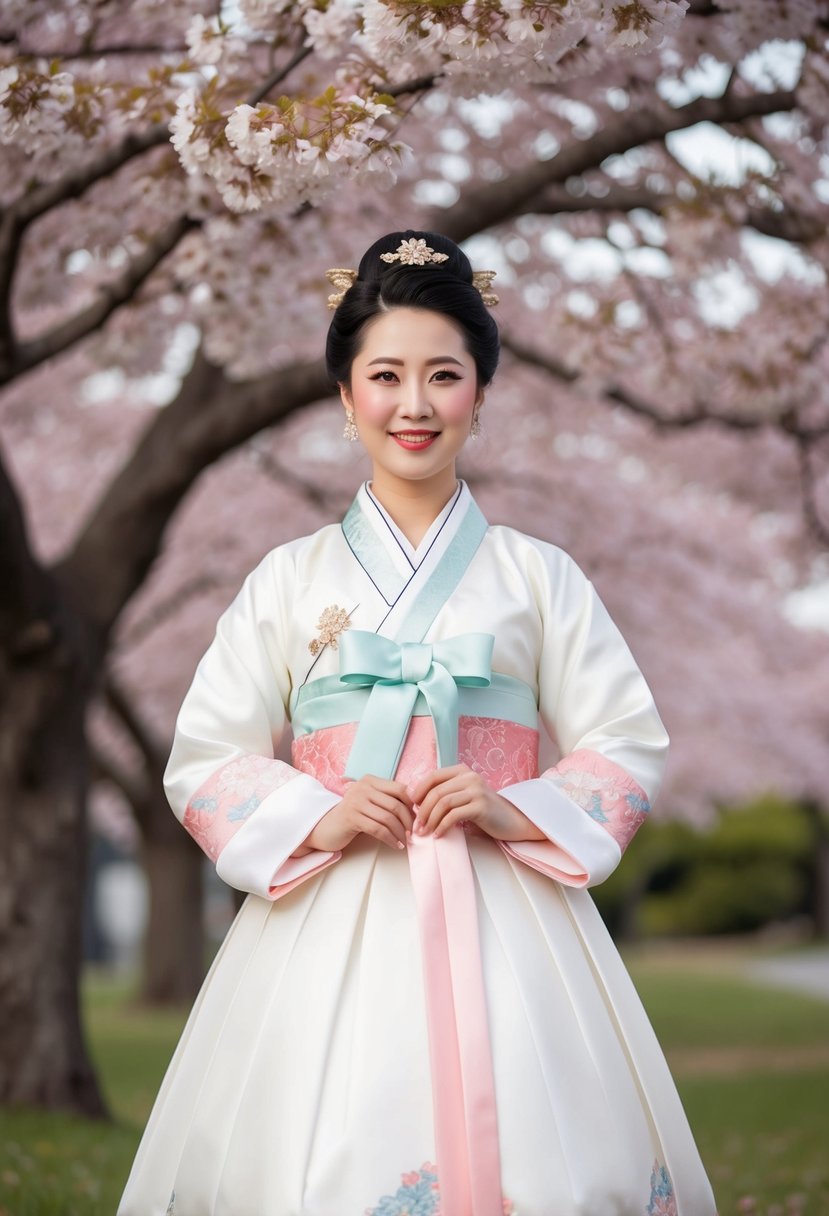 A bride in a traditional Hanbok wedding dress bows in front of a cherry blossom tree in full bloom