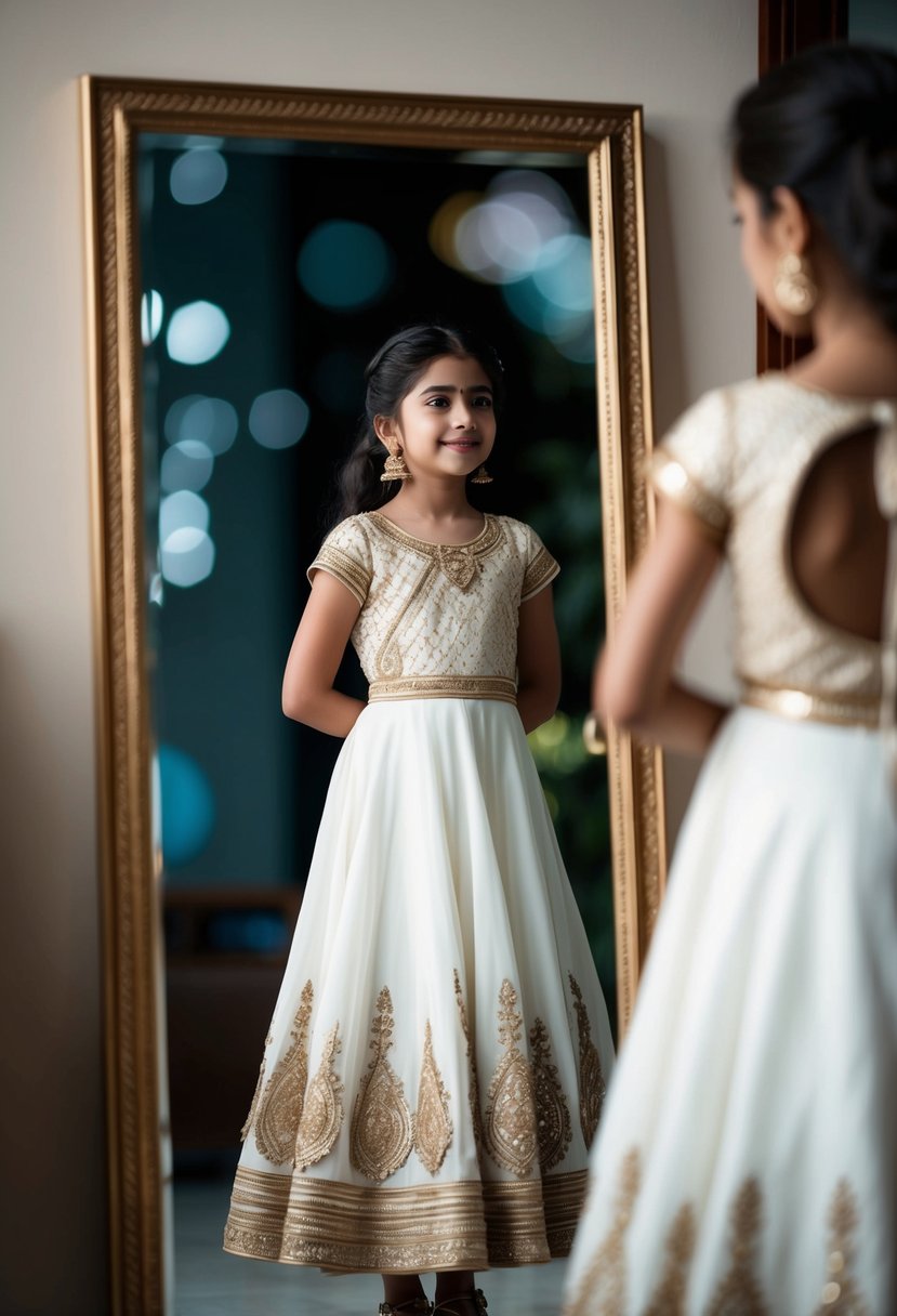 A young girl in an elegant white anarkali dress with intricate gold detailing, standing in front of a mirror, admiring herself