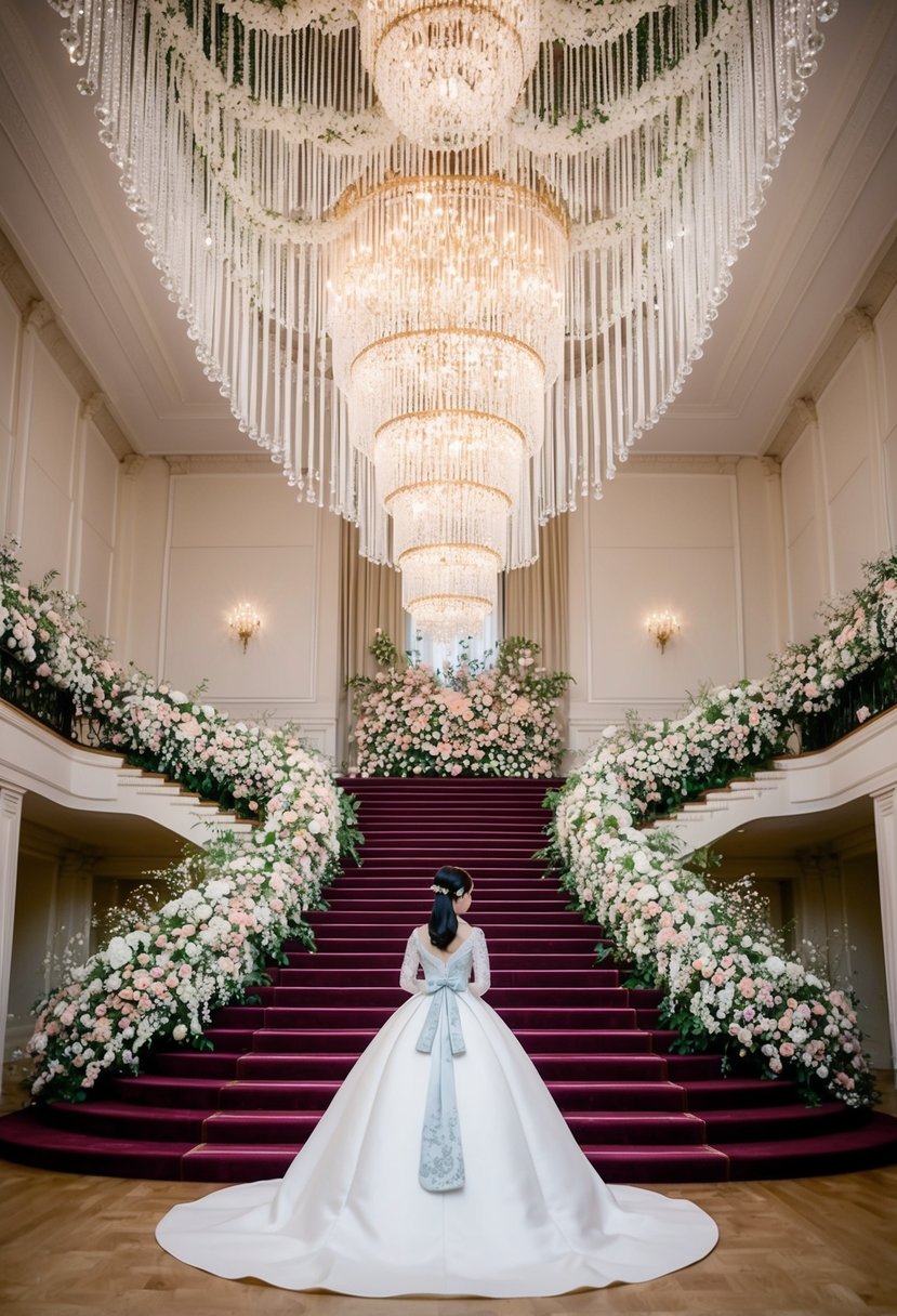 A grand ballroom with cascading chandeliers, a sweeping staircase, and opulent floral arrangements, showcasing a traditional Korean wedding gown