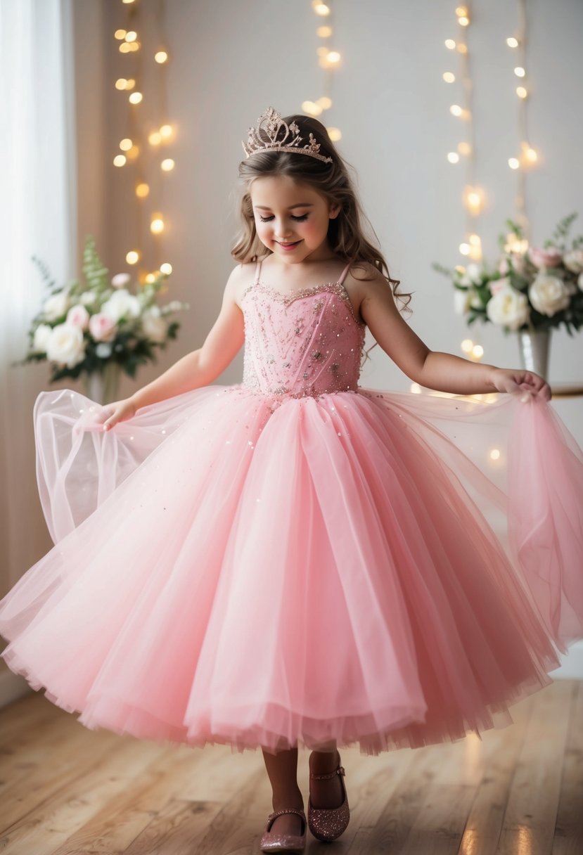 A young girl twirls in a pink tulle princess gown, surrounded by sparkles and flowers, imagining herself as a fairy-tale bride