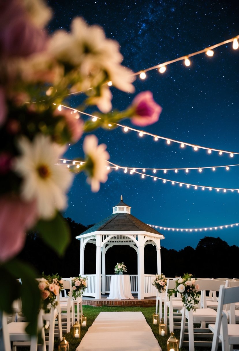 A beautiful outdoor wedding ceremony with blooming flowers, a white gazebo, and twinkling string lights under a starry night sky