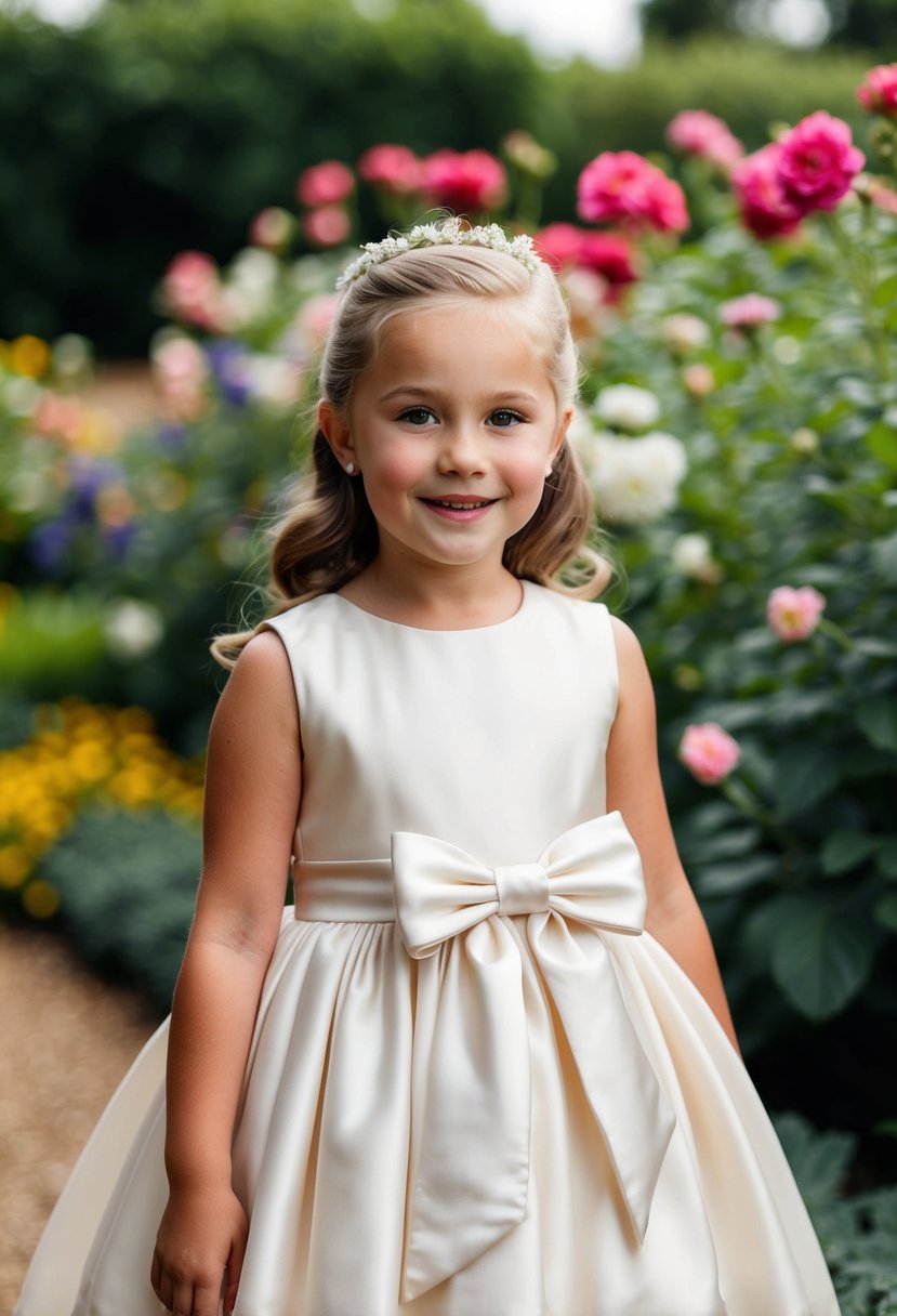 A young girl in an ivory flower girl dress with a satin bow, standing in a garden surrounded by blooming flowers