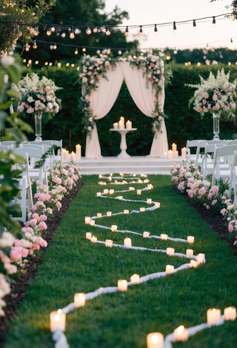 A lush garden with blooming flowers and a winding pathway leading to an elegant altar draped in flowing fabric, surrounded by delicate string lights and flickering candles