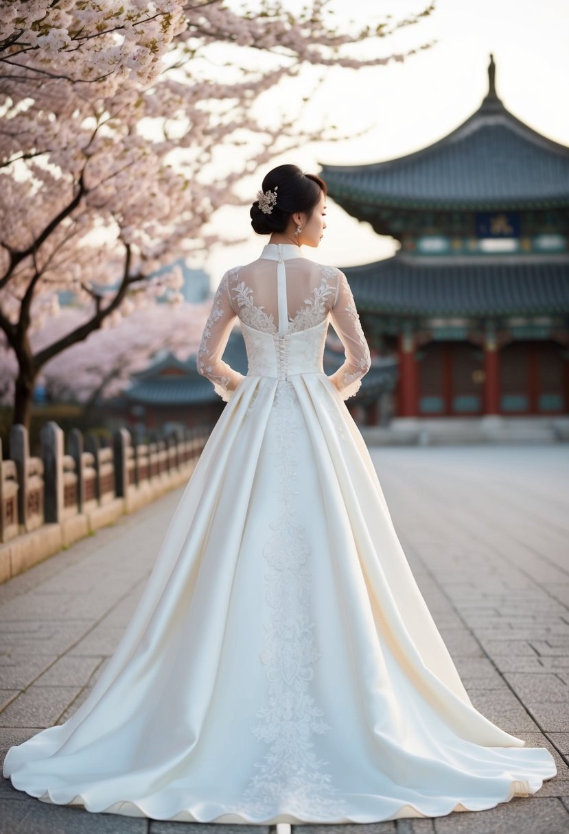 A flowing, silk Korean wedding dress with intricate embroidery and delicate lace details, set against a backdrop of cherry blossoms and traditional Korean architecture