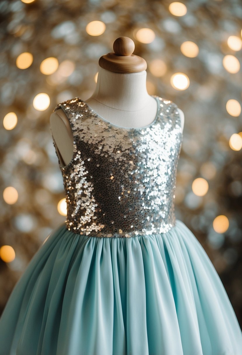 A sparkly sequin bodice dress in a child's size, with a flowing skirt and delicate details