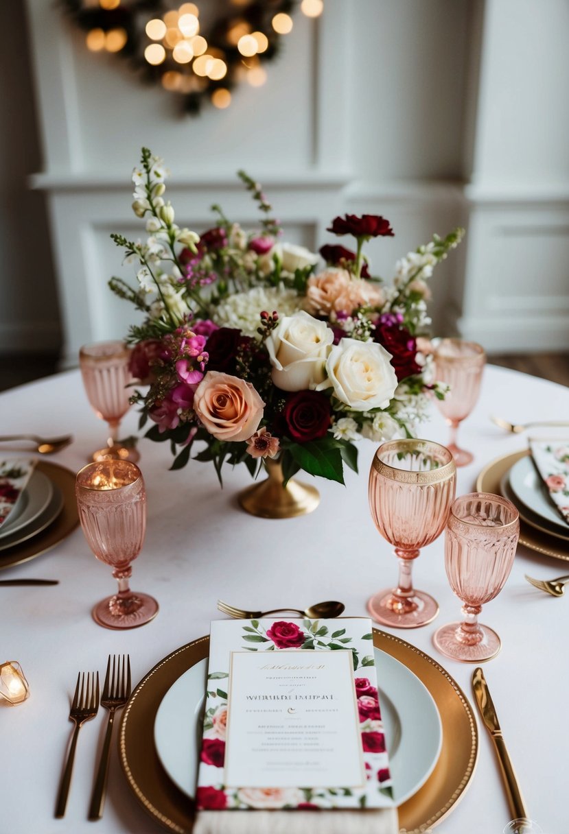 A table set with floral stationery, surrounded by romantic wedding tips and decor