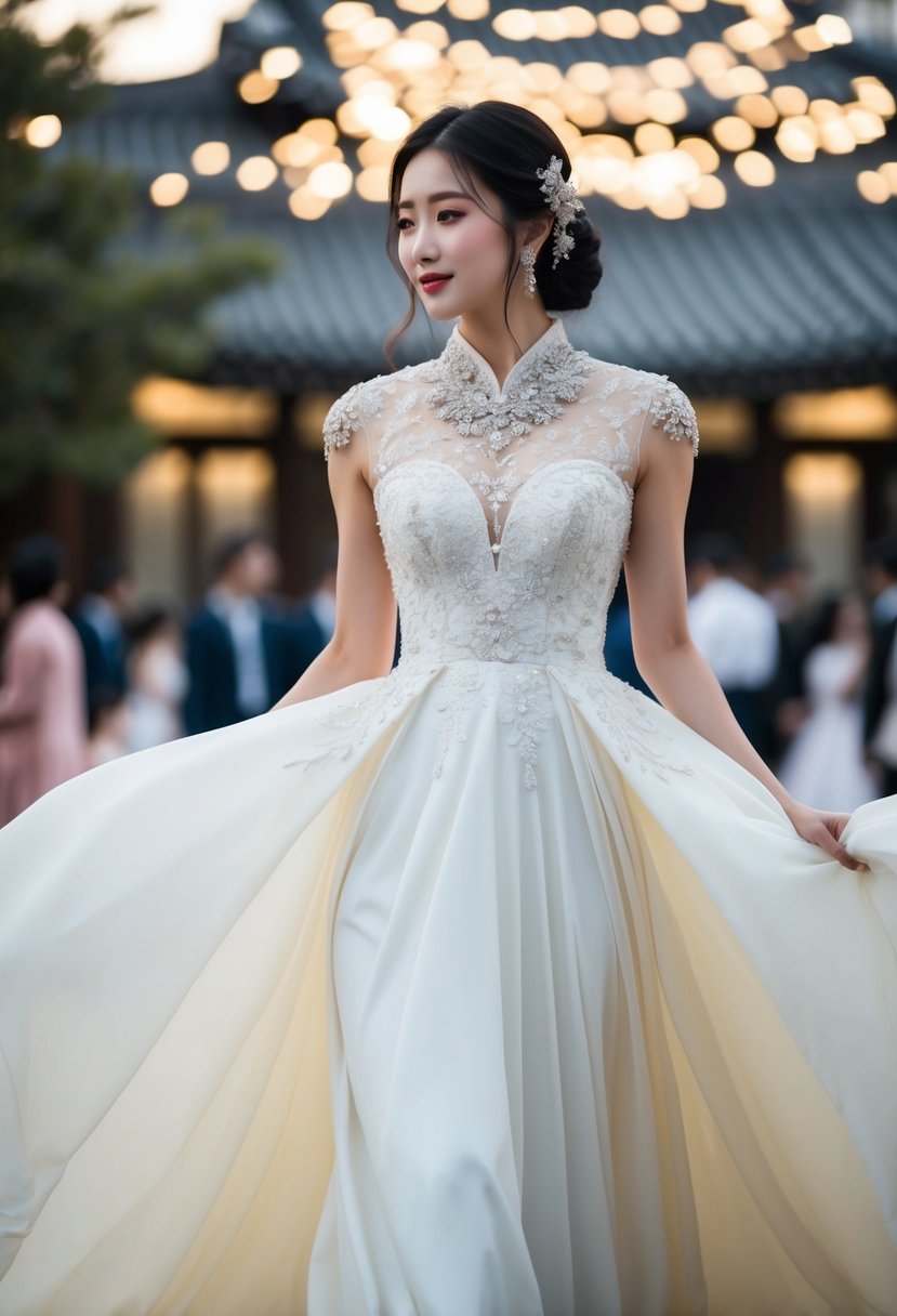 A flowing, floor-length Korean wedding dress with an intricately embellished neckline, adorned with delicate lace and shimmering details