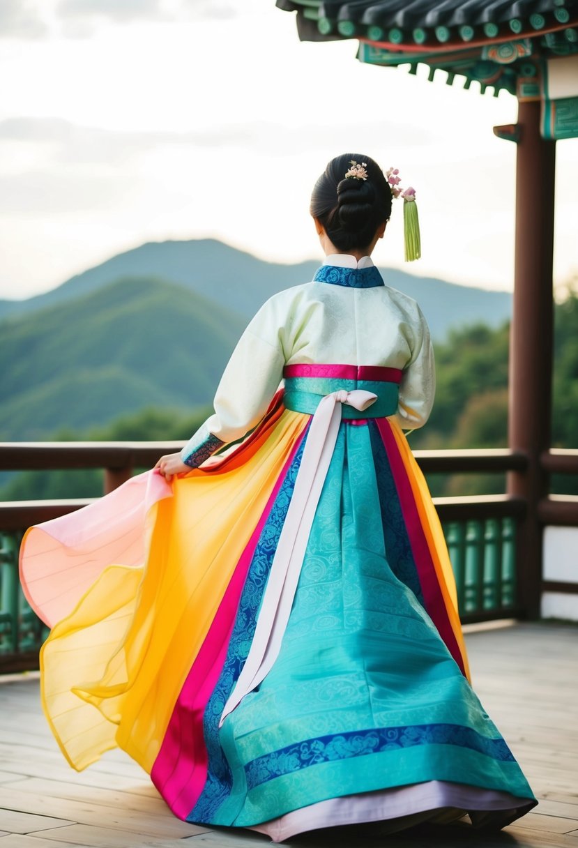 A traditional Korean wedding dress, Hanbok, in vibrant and elegant colors, with intricate patterns and flowing fabric