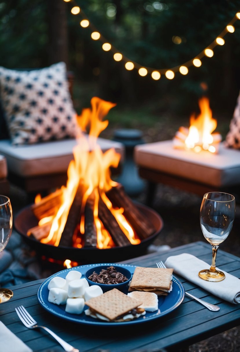 A cozy campfire with a table set for two, adorned with twinkling lights and a spread of s'mores ingredients