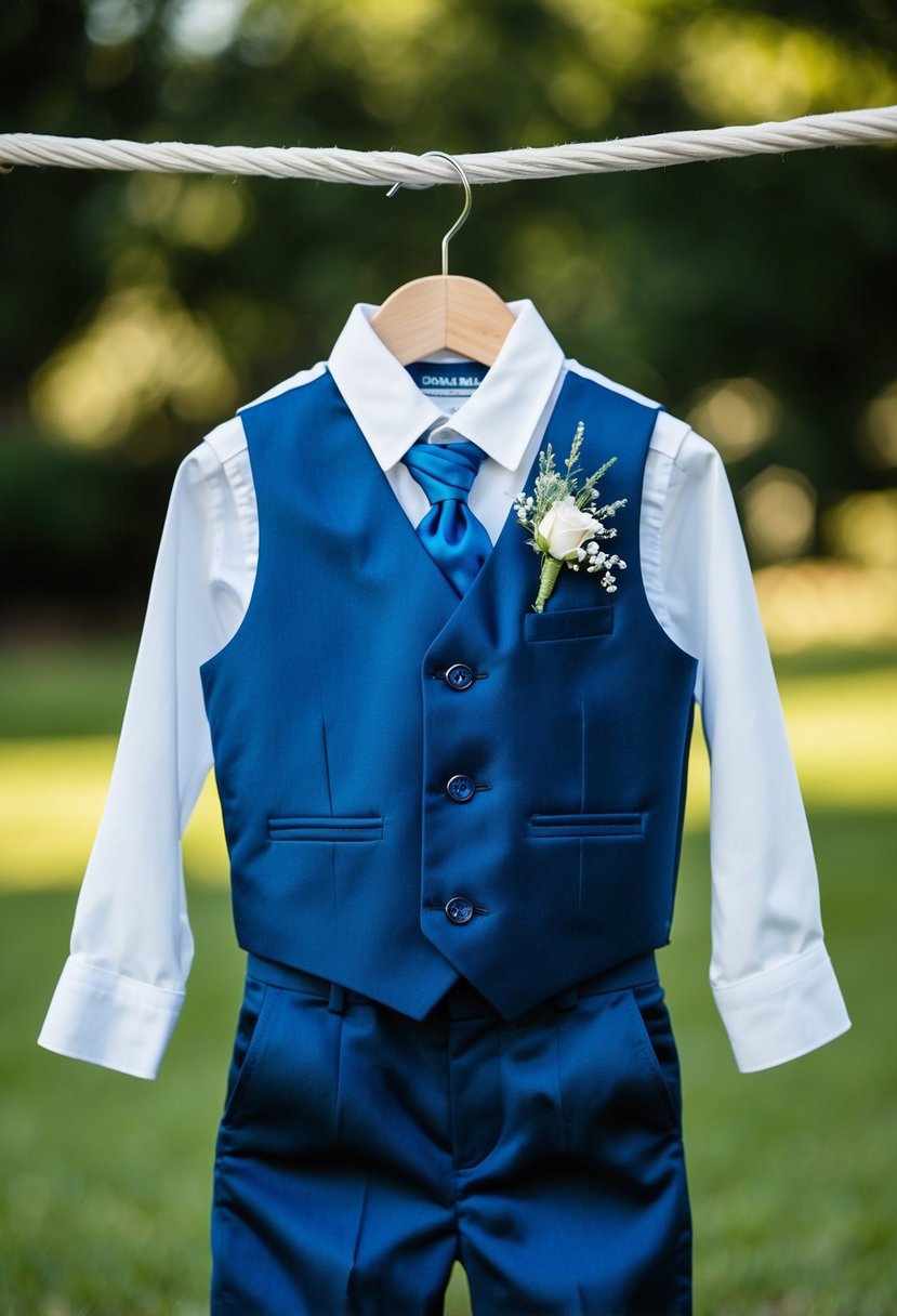 A young boy's classic blue waistcoat set displayed on a hanger, with a matching shirt and trousers, ready for a wedding