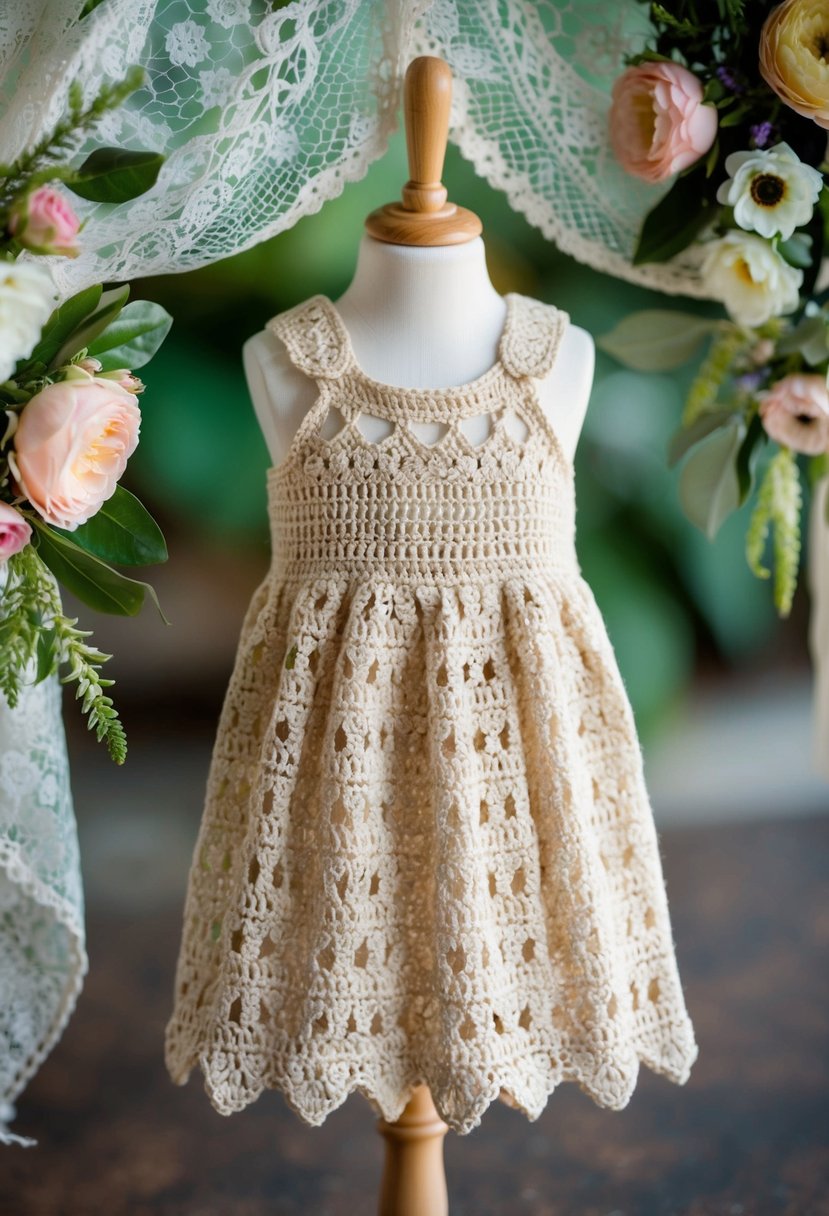 A vintage-style crochet dress hangs on a child-sized mannequin, surrounded by lace and floral accents