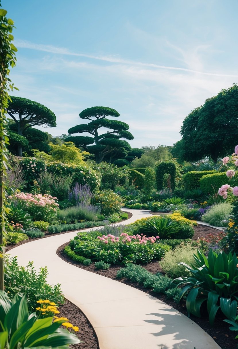 A serene botanical garden with lush greenery, blooming flowers, and winding pathways, set under a clear blue sky with a gentle breeze